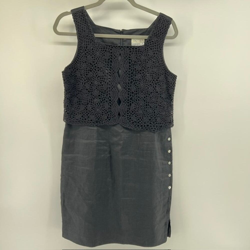 VTG Cali Cali 100% Linen Shift Dress Crochet Top Womens 4 Petite Black Buttons